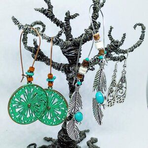 SALE! 3 PAIR! BOHO EARRINGS, Green Patina, Silvery BLUE BUNNY'S BOHO BAUBLES